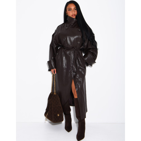 Long, oversized trench coat with a stand-up collar in premium faux leather