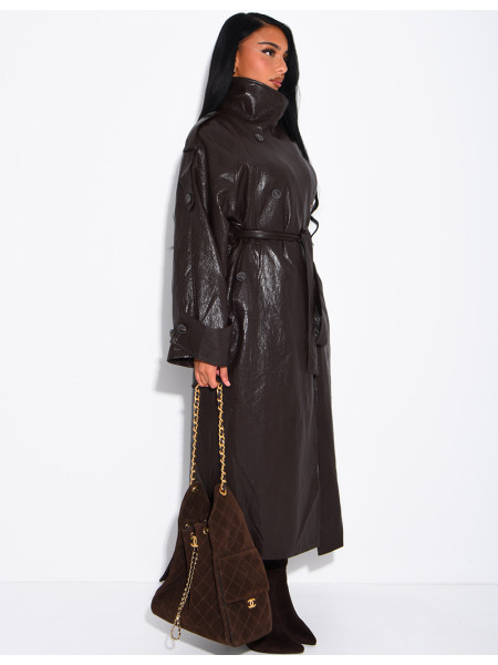 Long, oversized trench coat with a stand-up collar in premium faux leather