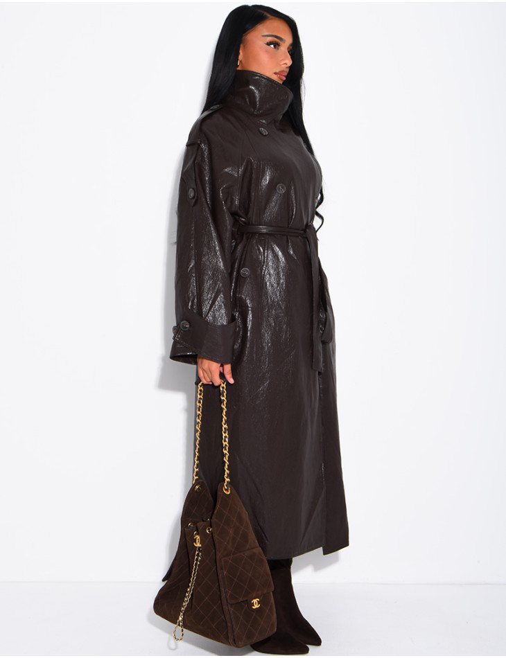 Long, oversized trench coat with a stand-up collar in premium faux leather