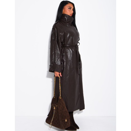 Long, oversized trench coat with a stand-up collar in premium faux leather