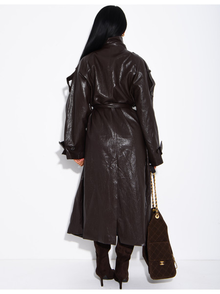 Long, oversized trench coat with a stand-up collar in premium faux leather