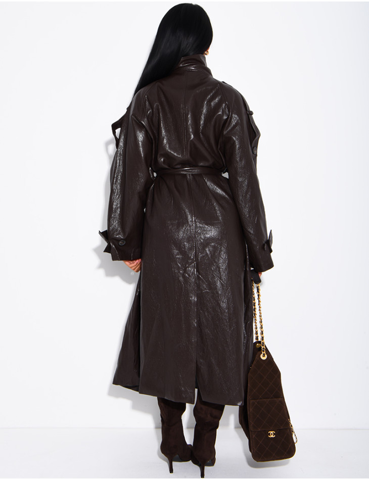 Long, oversized trench coat with a stand-up collar in premium faux leather
