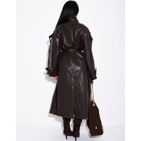 Long, oversized trench coat with a stand-up collar in premium faux leather