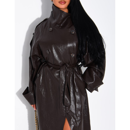 Long, oversized trench coat with a stand-up collar in premium faux leather