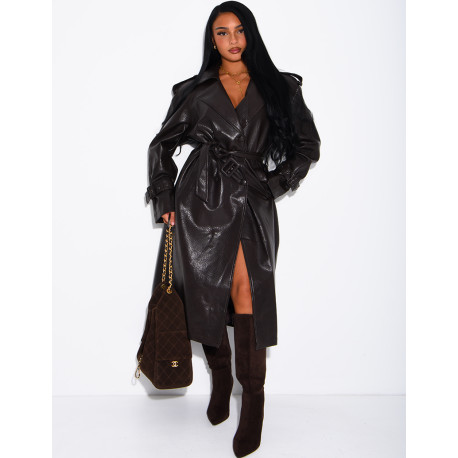 Extra-long faux leather trench coat with crocodile-effect finish and belt