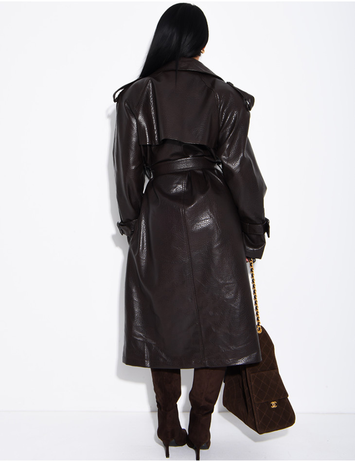 Extra-long faux leather trench coat with crocodile-effect finish and belt