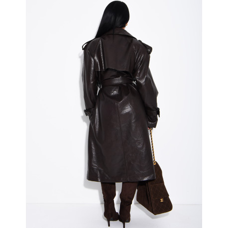 Extra-long faux leather trench coat with crocodile-effect finish and belt