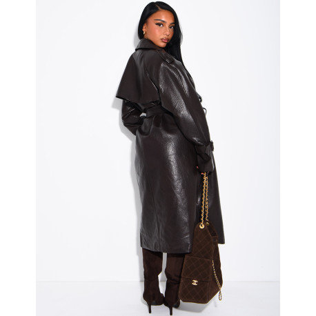 Extra-long faux leather trench coat with crocodile-effect finish and belt
