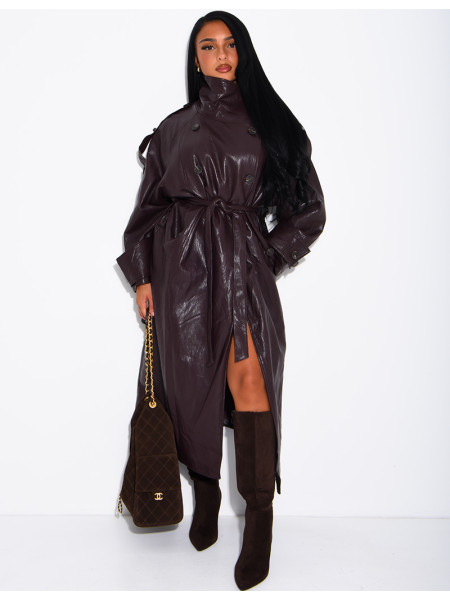 Langer, Oversize-Trenchcoat mit Stehkragen aus hochwertigem Kunstleder
