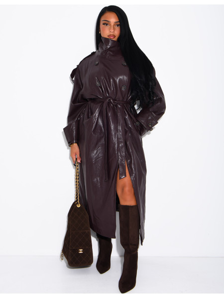 Langer, Oversize-Trenchcoat mit Stehkragen aus hochwertigem Kunstleder