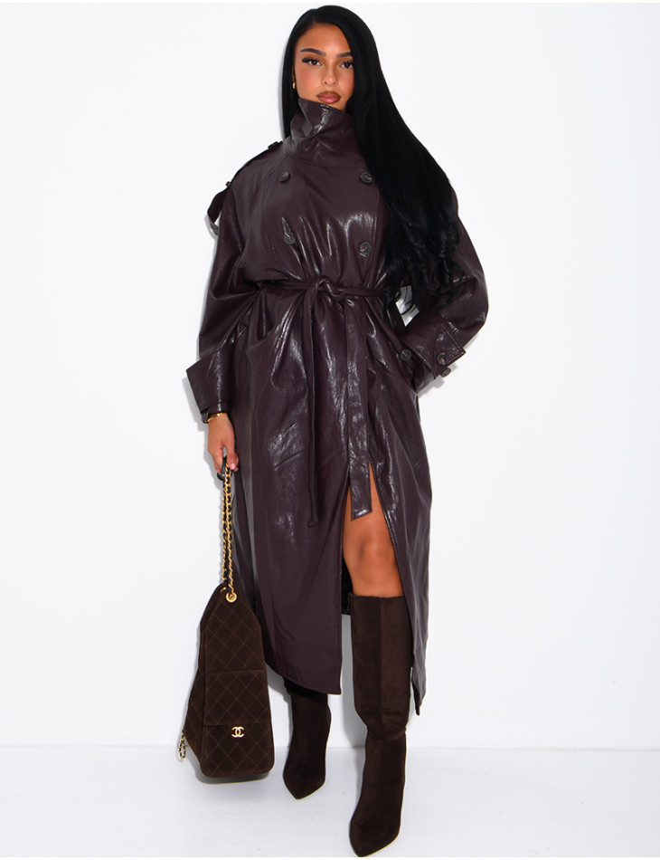 Langer, Oversize-Trenchcoat mit Stehkragen aus hochwertigem Kunstleder