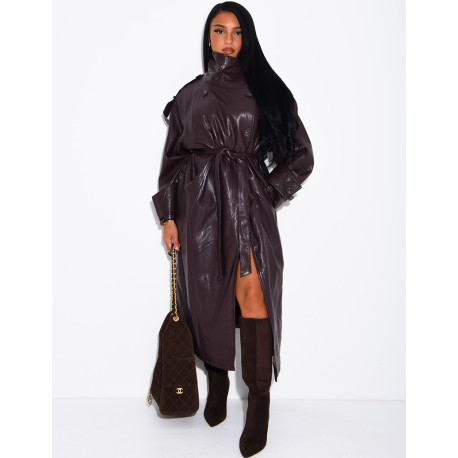 Langer, Oversize-Trenchcoat mit Stehkragen aus hochwertigem Kunstleder