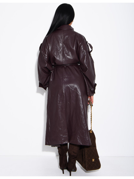 Langer, Oversize-Trenchcoat mit Stehkragen aus hochwertigem Kunstleder