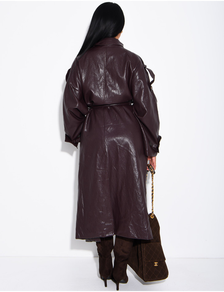 Langer, Oversize-Trenchcoat mit Stehkragen aus hochwertigem Kunstleder