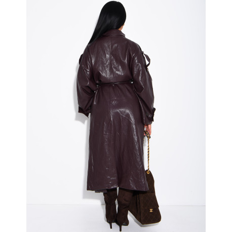 Langer, Oversize-Trenchcoat mit Stehkragen aus hochwertigem Kunstleder