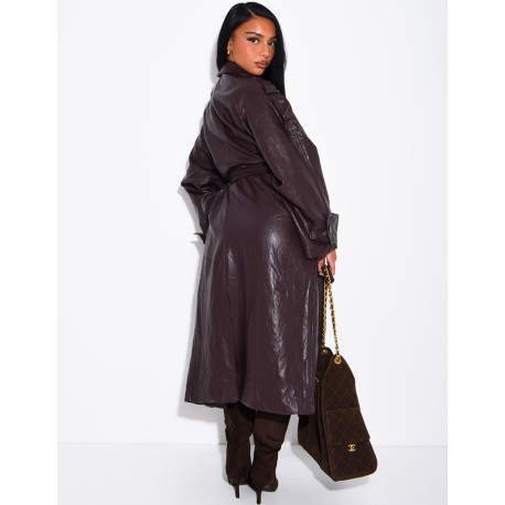 Langer, Oversize-Trenchcoat mit Stehkragen aus hochwertigem Kunstleder