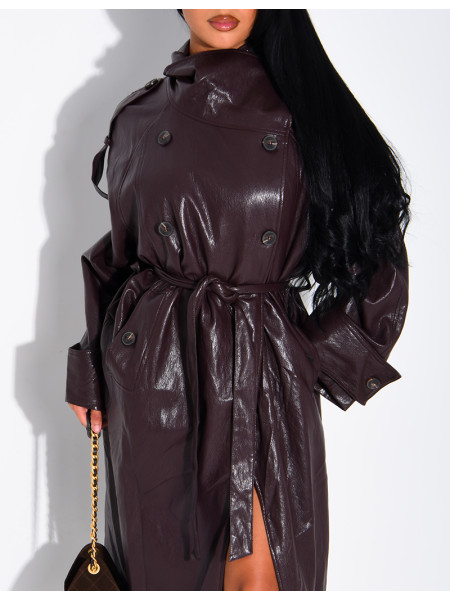 Langer, Oversize-Trenchcoat mit Stehkragen aus hochwertigem Kunstleder