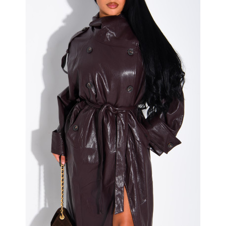 Langer, Oversize-Trenchcoat mit Stehkragen aus hochwertigem Kunstleder