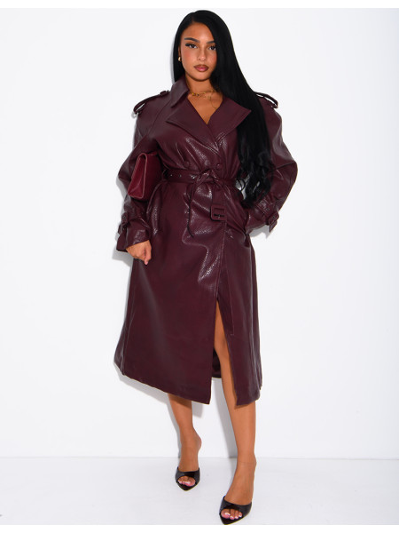Extra-long faux leather trench coat with crocodile-effect finish and belt