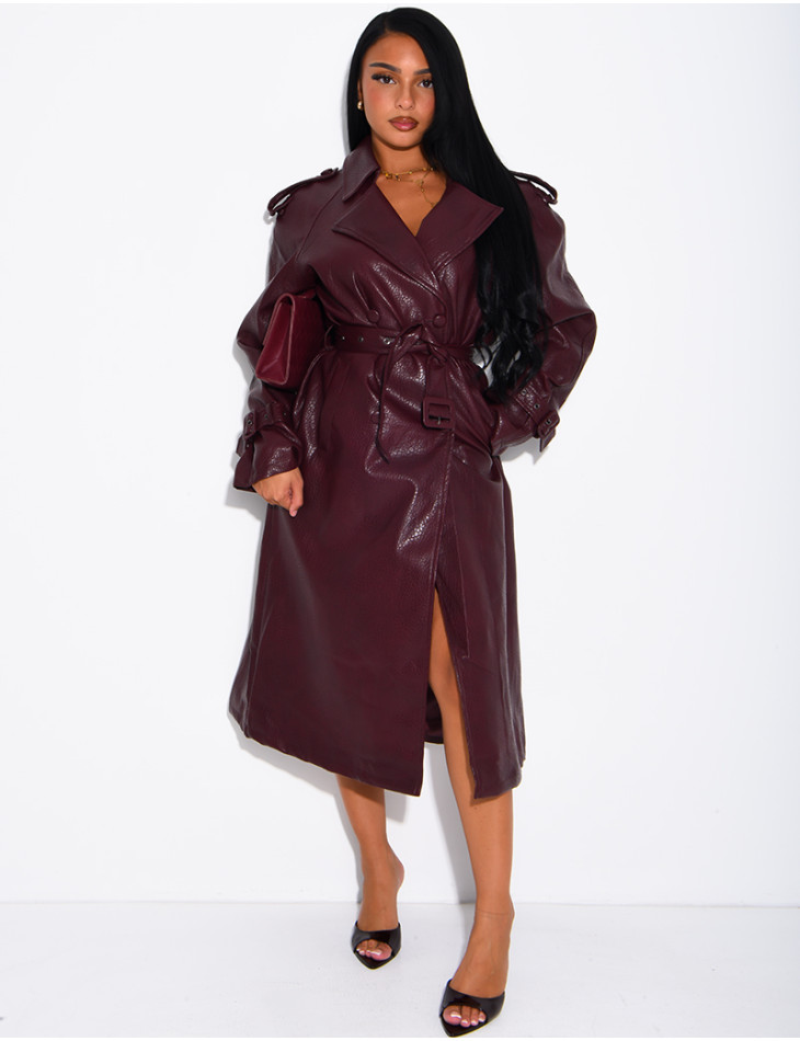 Extra-long faux leather trench coat with crocodile-effect finish and belt