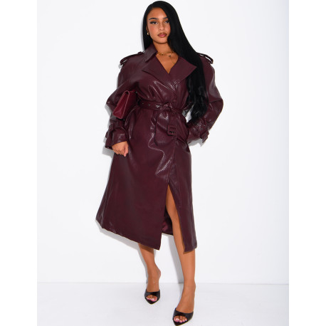 Extra-long faux leather trench coat with crocodile-effect finish and belt