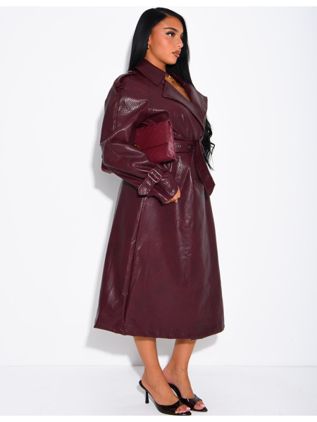 Extra-long faux leather trench coat with crocodile-effect finish and belt