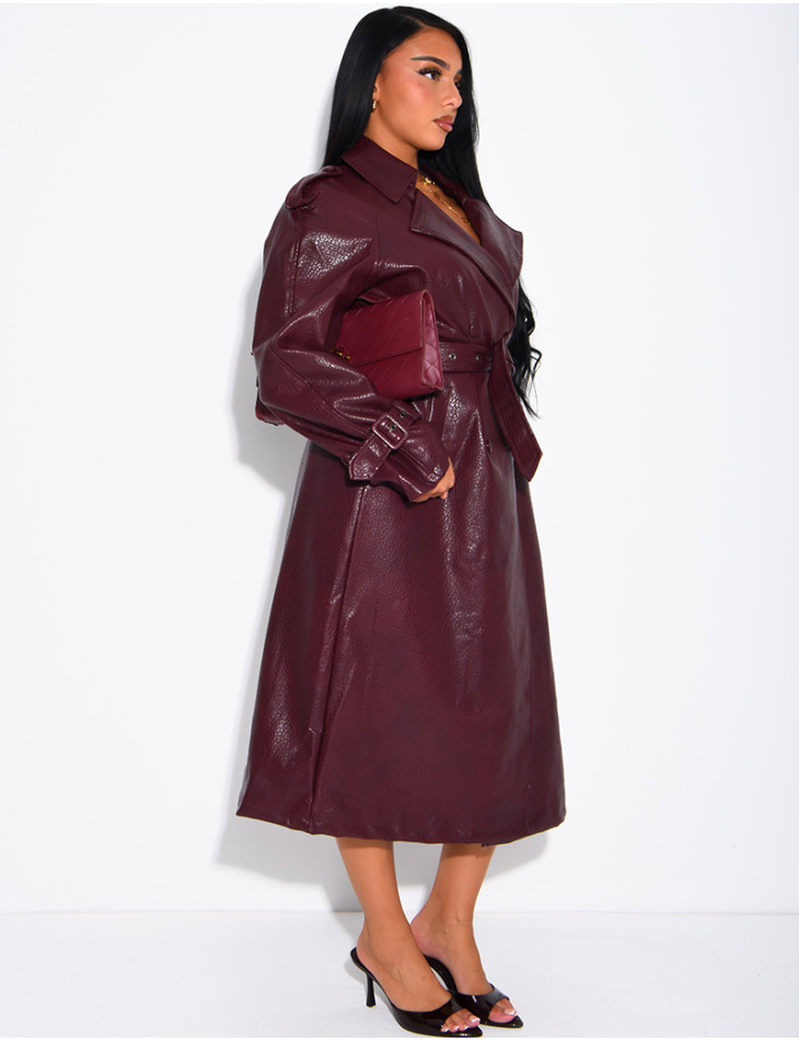 Extra-long faux leather trench coat with crocodile-effect finish and belt