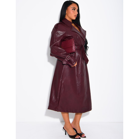Extra-long faux leather trench coat with crocodile-effect finish and belt