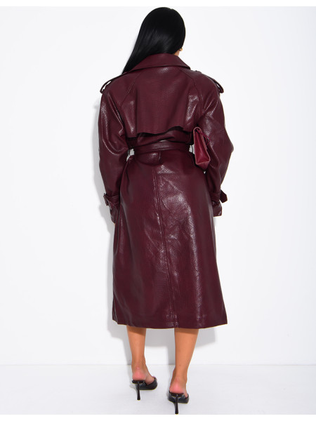 Extra-long faux leather trench coat with crocodile-effect finish and belt