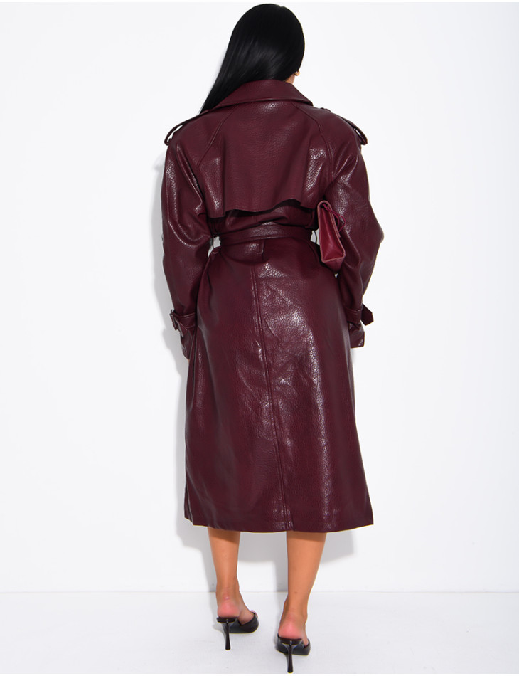 Extra-long faux leather trench coat with crocodile-effect finish and belt