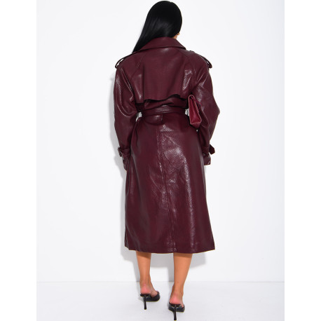 Extra-long faux leather trench coat with crocodile-effect finish and belt