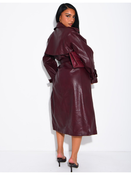 Extra-long faux leather trench coat with crocodile-effect finish and belt