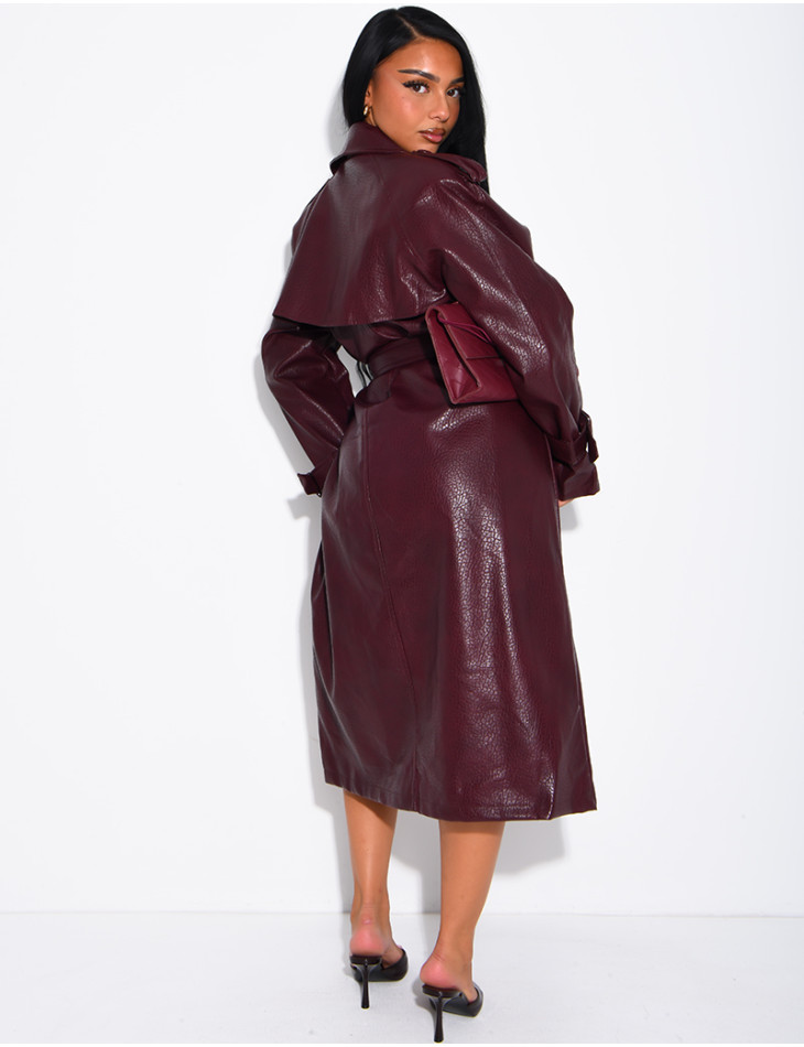 Extra-long faux leather trench coat with crocodile-effect finish and belt