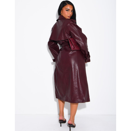 Extra-long faux leather trench coat with crocodile-effect finish and belt
