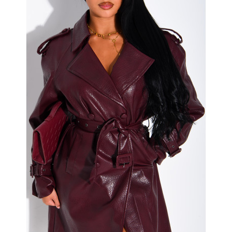 Extra-long faux leather trench coat with crocodile-effect finish and belt
