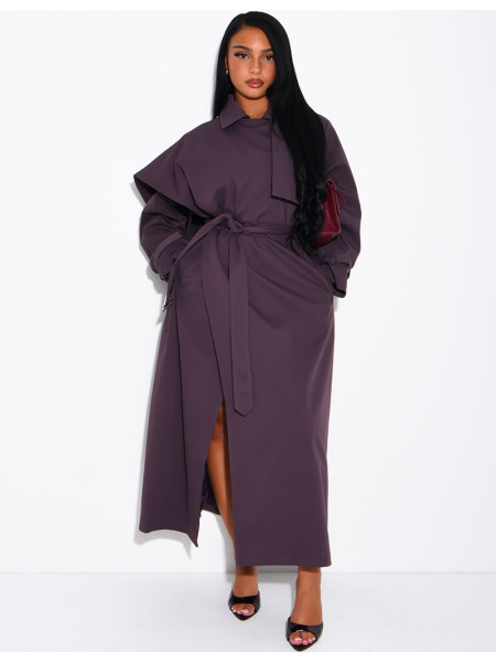 Long, oversized trench coat with a cape and waist belt