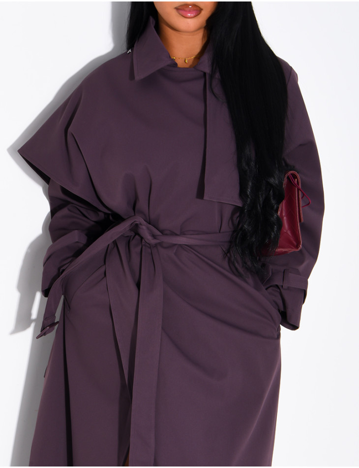 Long, oversized trench coat with a cape and waist belt