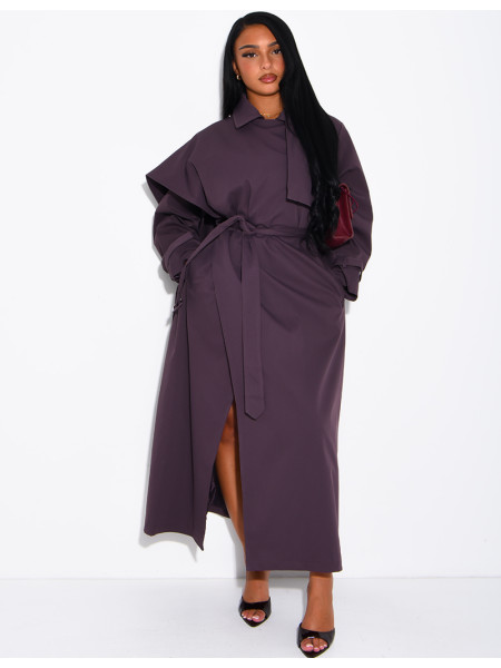 Long, oversized trench coat with a cape and waist belt