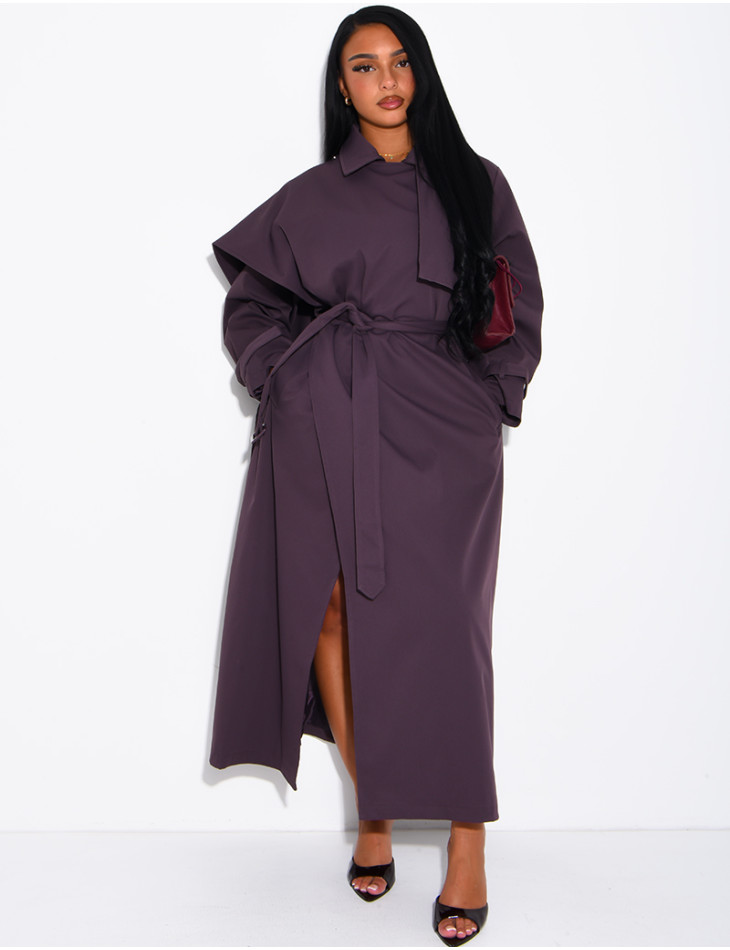 Long, oversized trench coat with a cape and waist belt
