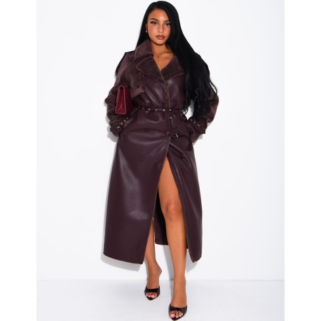 Manteau long en similicuir fourré & empiècements contrastants