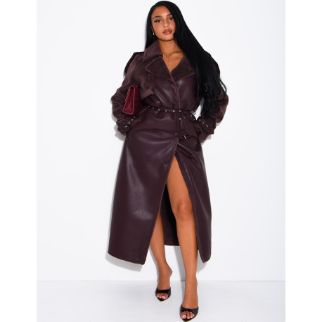 Manteau long en similicuir fourré & empiècements contrastants