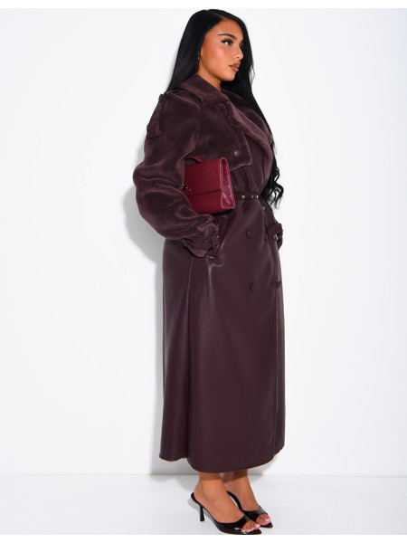 Manteau long en similicuir fourré & empiècements contrastants