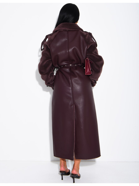 Manteau long en similicuir fourré & empiècements contrastants