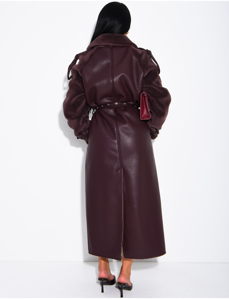 Manteau long en similicuir fourré & empiècements contrastants