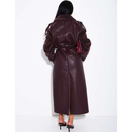 Manteau long en similicuir fourré & empiècements contrastants