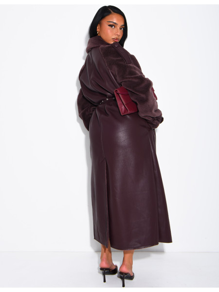 Manteau long en similicuir fourré & empiècements contrastants
