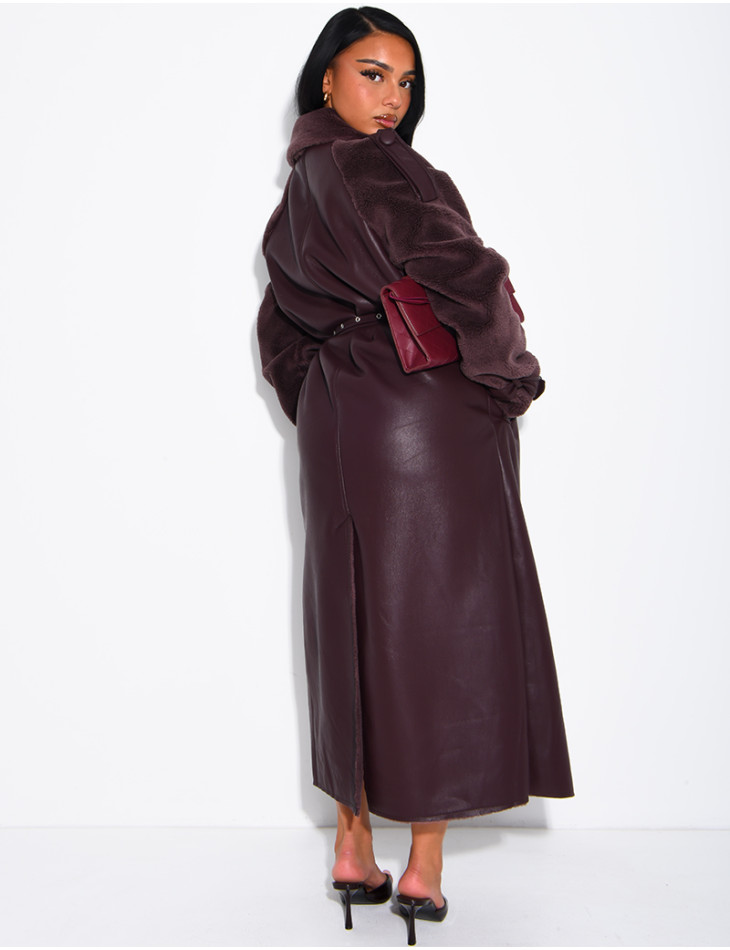 Manteau long en similicuir fourré & empiècements contrastants