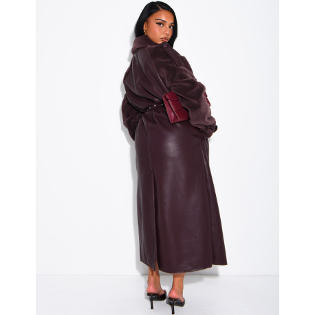 Manteau long en similicuir fourré & empiècements contrastants