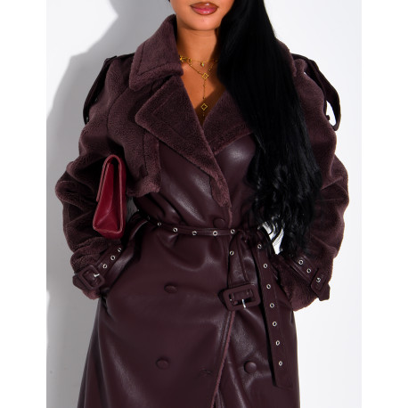 Manteau long en similicuir fourré & empiècements contrastants