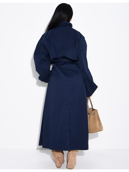 Long, oversized trench coat with a stand-up collar and a belt at the waist